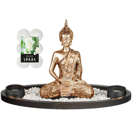 Boeddha beeld voor binnen 33 cm met 12x geurkaarsen Spiritual Jasmin