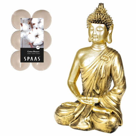Boeddha beeld voor binnen 35 cm met 12x geurkaarsen Cotton Blossom