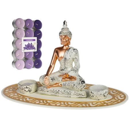 Boeddha beeld voor binnen 35 cm met 30x geurkaarsen lavendel