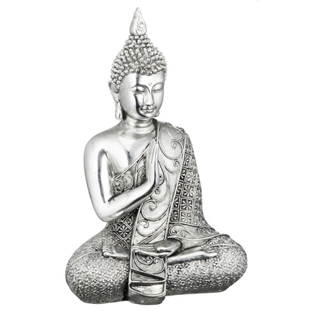 Boeddha beeldje - poyresin - glimmend zilver - 17 cm - voor binnen/buiten