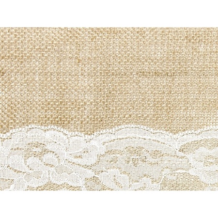 Bruiloft/huwelijk jute tafelloper 28 x 275 cm met wit kant