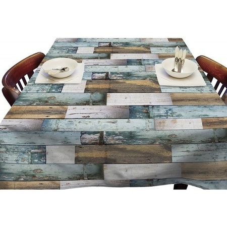Buiten tafelkleed/tafelzeil blauw houten planken 140 x 250 cm