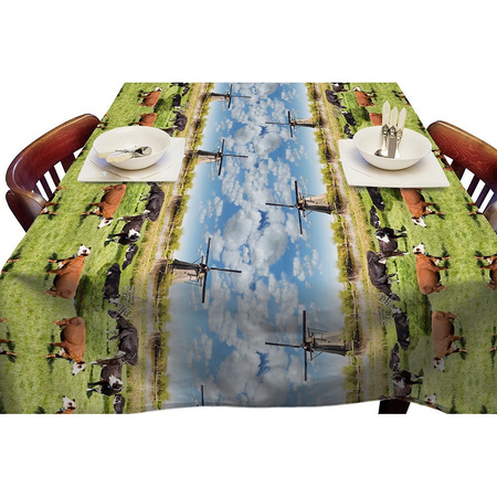 Buiten tafelkleed/tafelzeil Hollands landschap met koeien/molens print 140 x 250 cm rechthoekig