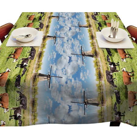 Buiten tafelkleed/tafelzeil Hollands landschap met koeien/molens print 140 x 250 cm rechthoekig