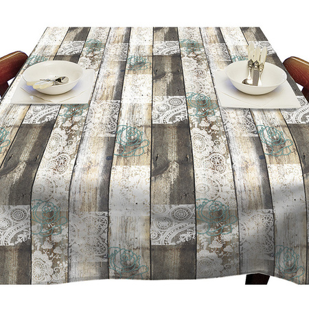 Buiten tafelkleed/tafelzeil houten planken met kant print 140 x 250 cm rechthoekig