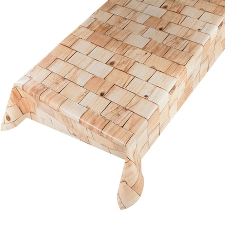 Buiten tafelkleed/tafelzeil naturel houten blokken print 140 x 175 cm rechthoekig