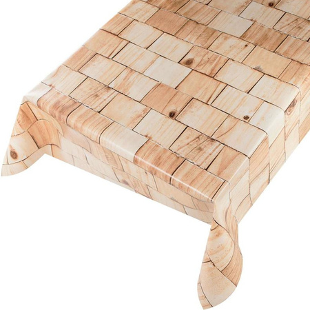 Buiten tafelkleed/tafelzeil naturel houten blokken print 140 x 245 cm rechthoekig