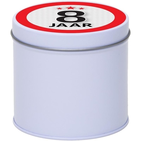 Gift white round storage tin 8 years 10 cm
