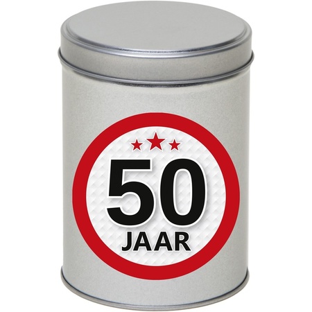 Gift silver round storage tin 50 years 13 cm