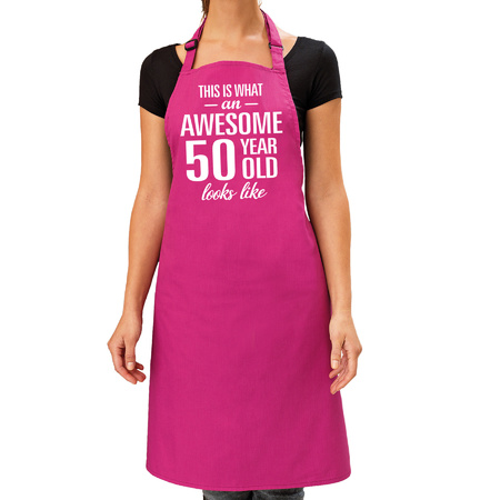 Cadeau schort voor dames - awesome 50 year - roze - keukenschort - verjaardag - 50 jaar