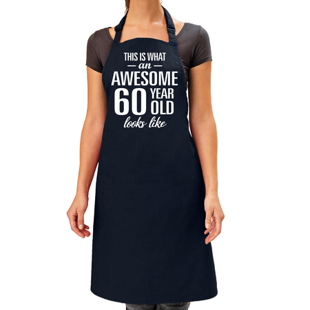 Cadeau schort voor dames - awesome 60 year - navy blauw - keukenschort - verjaardag - 60 jaar