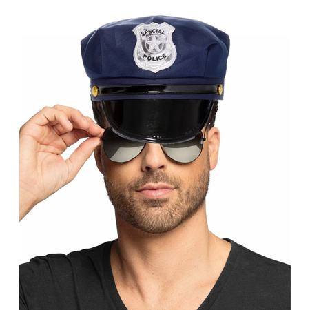Carnaval verkleed politiepet - met donkere zonnebril - blauw - heren/dames - verkleedkleding