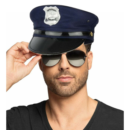 Carnaval verkleed politiepet - met spiegel zonnebril - blauw - heren/dames - verkleedkleding