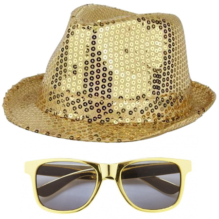 Toppers - Carnaval verkleed set hoed en bril goud glitters