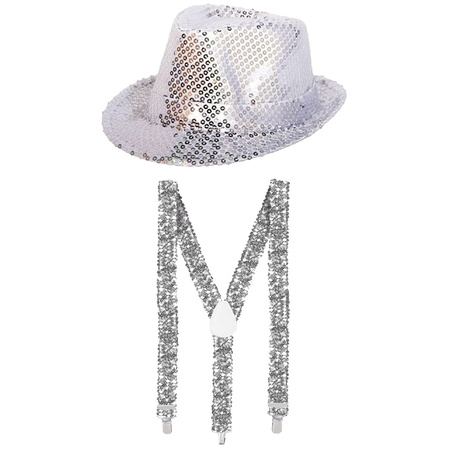 Toppers - Party carnaval hat and suspenders in silver glitters