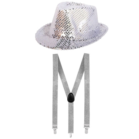Carnaval verkleed set hoed met bretels zilver glitters