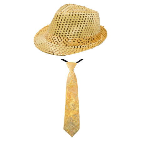 Toppers - Party carnaval set - hat and tie - gold glitters - for adults