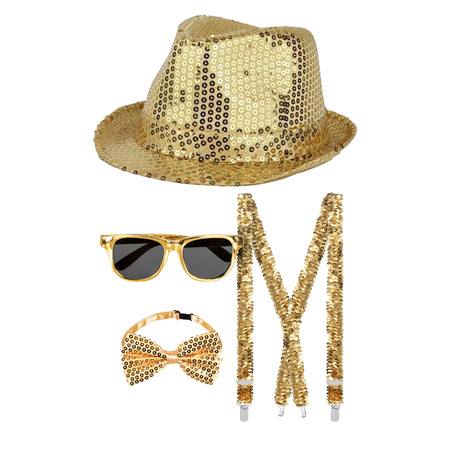 Toppers - Carnaval verkleedset Supercool - hoedje/bretels/bril/strikje - goud - heren/dames - glimmend