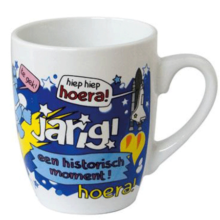 Birthday cartoon mug Dutch text