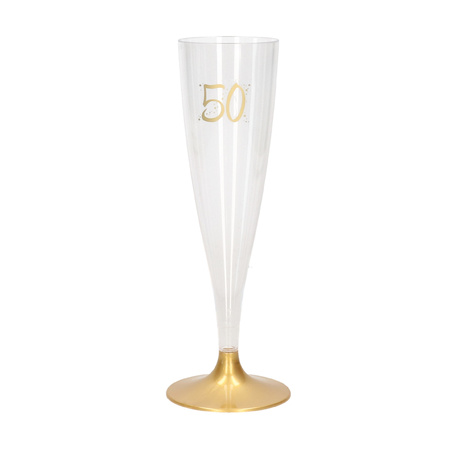 24x Champagne glasses/flutes 14 cl/140 ml plastic with golden base / 50th birthday