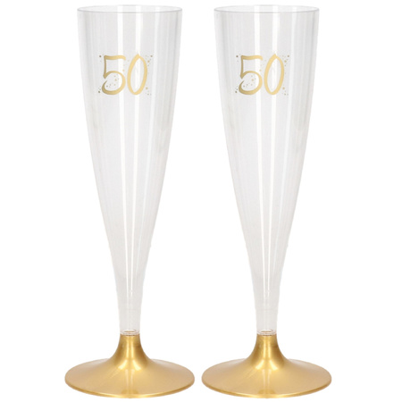 60x Champagne glasses/flutes 14 cl/140 ml plastic with golden base / 50th birthday