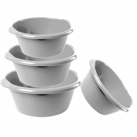 Combi set van 4x stuks ronde afwasteiltjes/afwasbakken in het zilver 3-6-10-15 liter