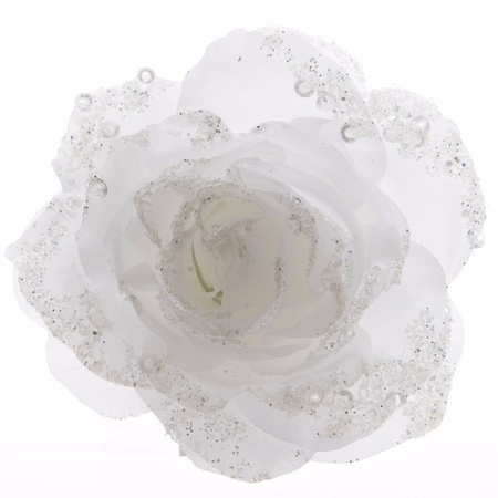 Decoratie kunstbloem roos bloem winter wit 14 cm