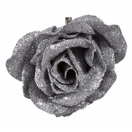 Decoratie kunstbloem roos zilver  9 cm
