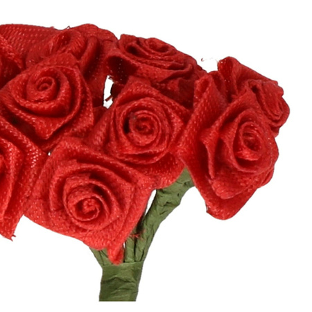 Decoratie roosjes satijn - bosje van 12 st - donker rood - 12 cm - hobby/DIY bloemetjes
