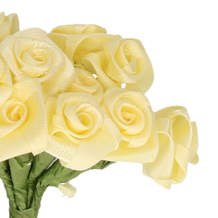 Decoratie roosjes satijn - bosje van 12 st - zacht geel - 12 cm - hobby/DIY bloemetjes