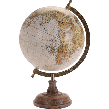 Decoratie wereldbol/globe beige op mangohouten voet 20 x 33 cm