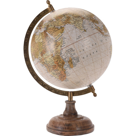 Decoratie wereldbol/globe beige op mangohouten voet 20 x 33 cm