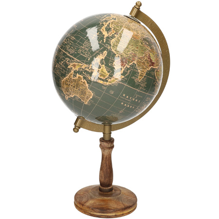 Decoratie wereldbol/globe donkergroen op mangohouten voet 16 x 32 cm