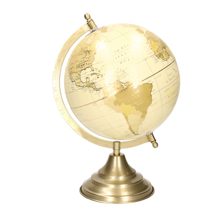 Decoratie wereldbol/globe goud/ecru op metalen voet 22 x 34 cm