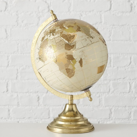 Decoration world globe gold/ecru on metal stand 22 x 34 cm