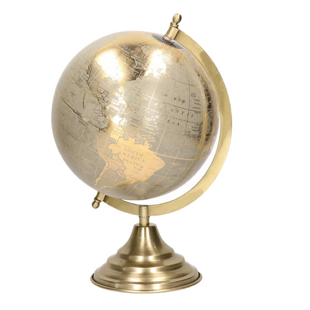 Decoratie wereldbol/globe goud/grijs op metalen voet 22 x 34 cm