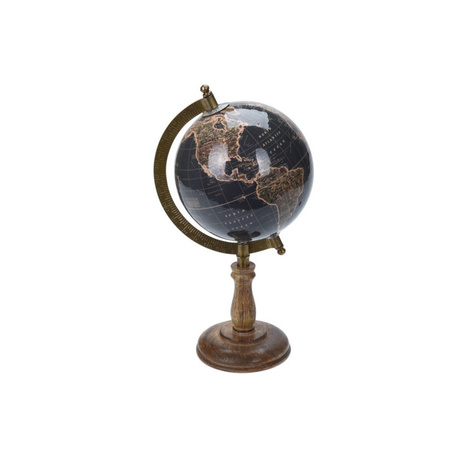 Decoratie wereldbol/globe zwart op mangohouten voet 13 x 28 cm