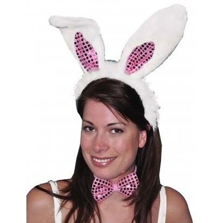 White bunny ears with pink tie for adults