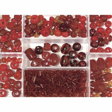 Dark red glass beads in storage box 115 gram