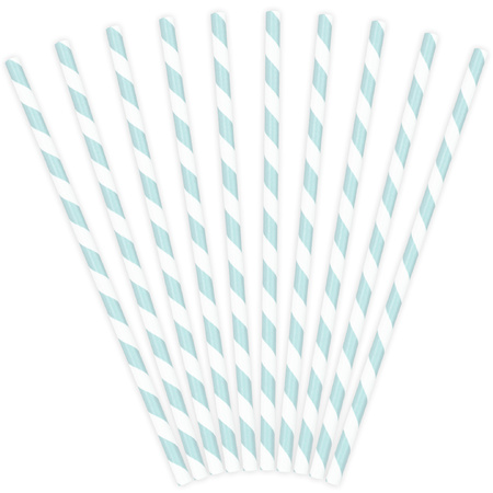 10x Paper straws with white/lightblue stripes 19,5 cm