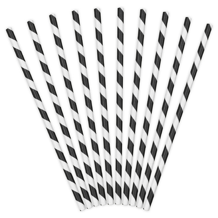 Drinkrietjes - papier - 10x - zwart/wit strepen - 19,5 cm - rietjes