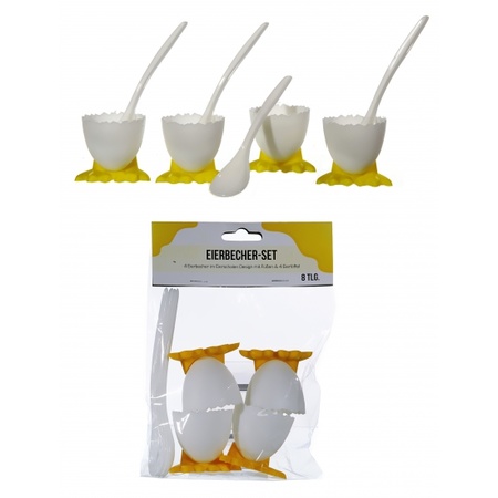 Egg cups with feet - wit spoons - 4x - plastic