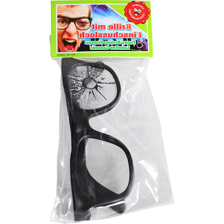 Fop bril met barst in glas - zwart - kunststof - verkleedbrillen