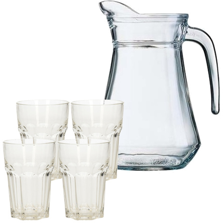Glazen schenkkan met 4 drink water glazen
