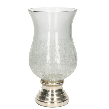 Glazen stormlamp/windlichten craquele op zilveren voet 26,5 cm