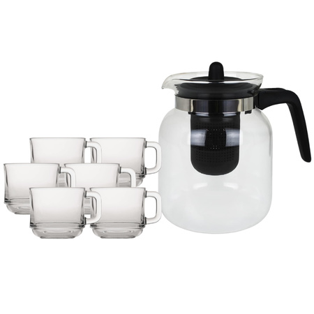 Glass teapot with filter/infuser of 1,5 liter with 6x pieces of tea glasses of 220 ml