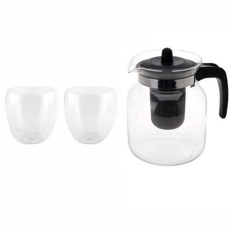 Glass teapot black with 2x heat resistent teaglasses of 200 ml