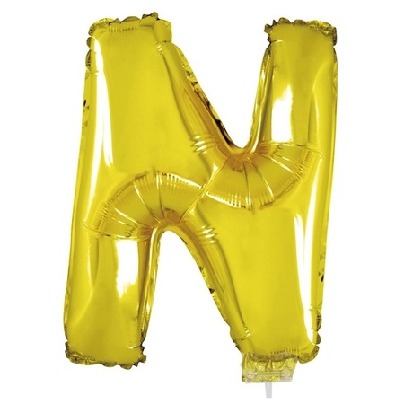 Gouden opblaas letter ballon N op stokje 41 cm