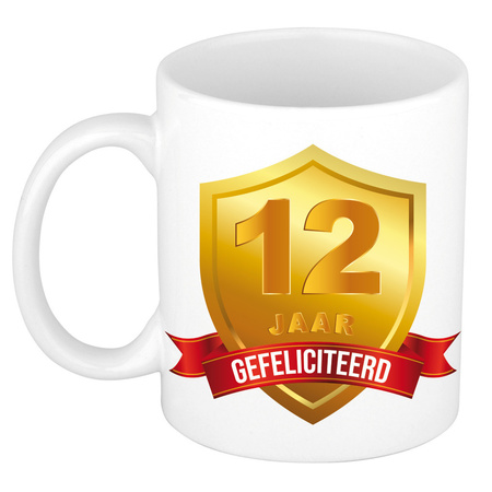 Gold shield 12 year mug - birthday / anniversary