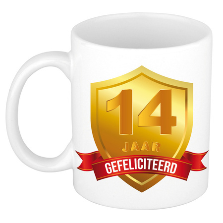Gold shield 14 year mug - birthday / anniversary